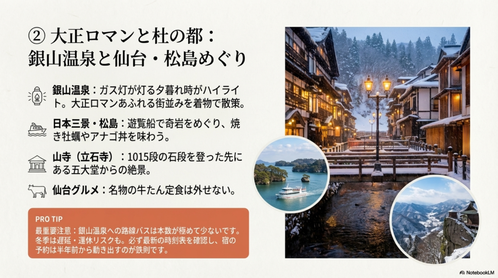 仙台駅を拠点に日本三景の松島や山寺を観光し、レトロな銀山温泉に宿泊する、カップルや女子旅におすすめのロマンチックな旅行ルート。