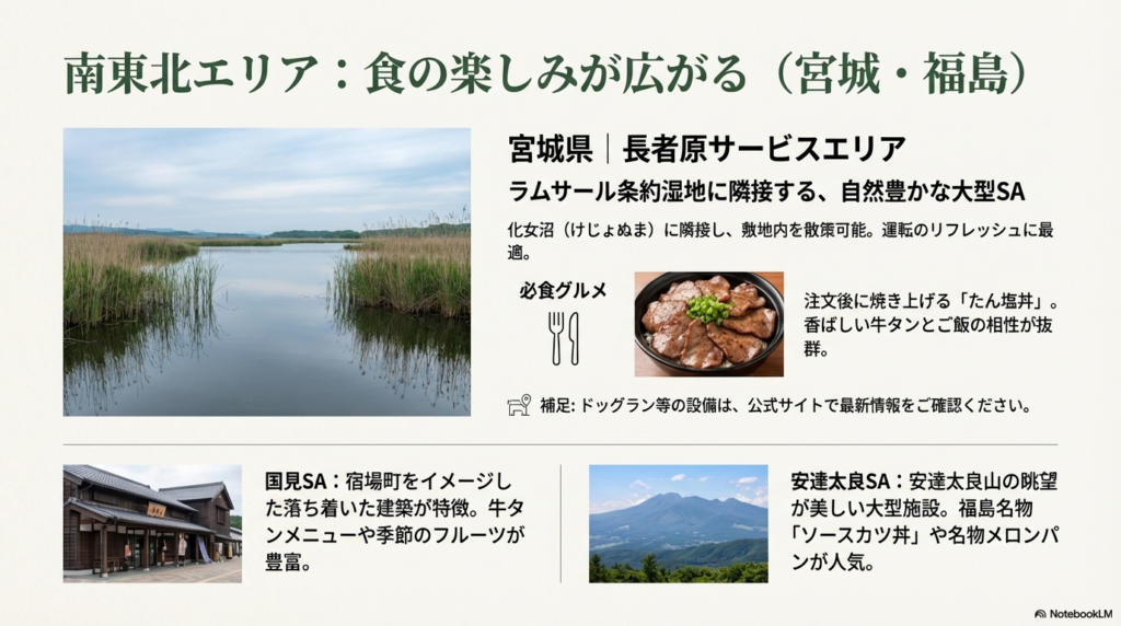 長者原SAに隣接する化女沼の風景と、名物のたん塩丼、国見SAの宿場町風の建物外観。