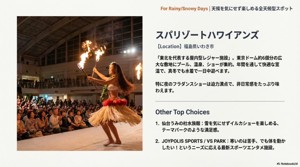 フラダンスショーの写真とともに、スパリゾートハワイアンズ、仙台うみの杜水族館、JOYPOLIS SPORTS、VS PARKといった屋内型施設を紹介するスライド。