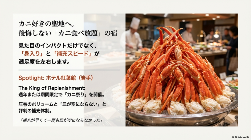カニの「身入り」と「補充スピード」の重要性と、岩手県のホテル紅葉館を具体例として挙げたスライド。