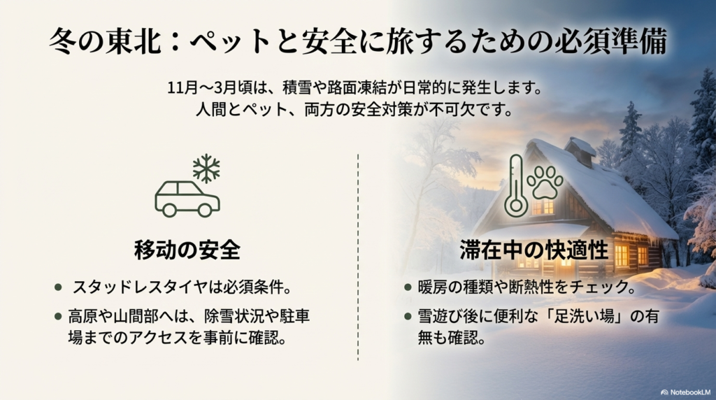 スタッドレスタイヤ、除雪状況、足洗い場の有無など、冬の移動と滞在における注意点をまとめたスライド。