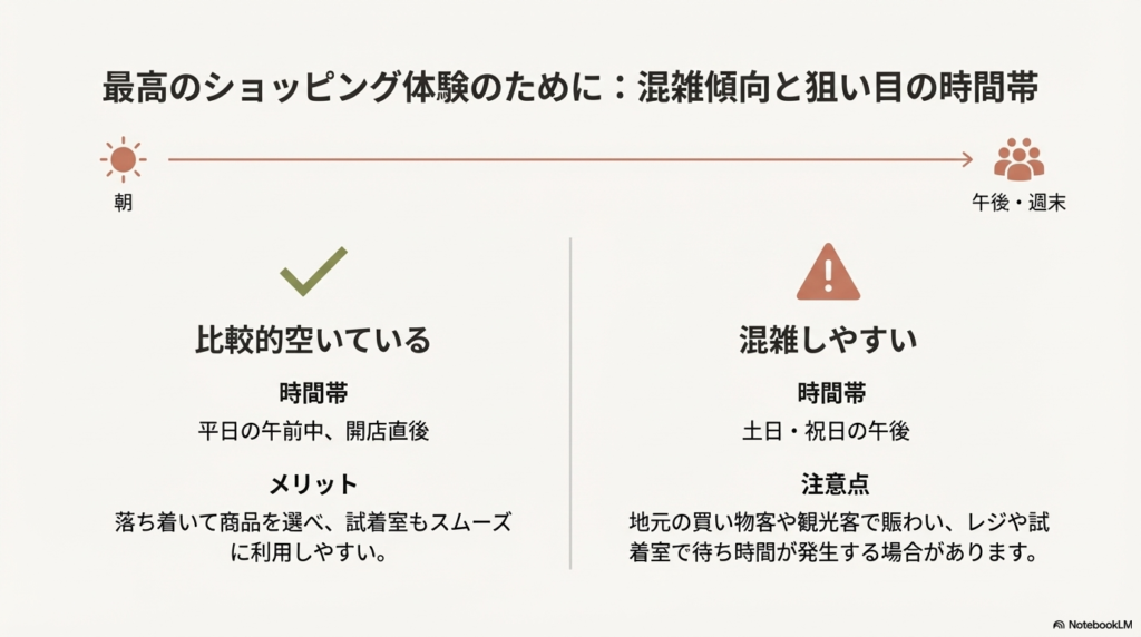 平日午前中は空いていて試着がスムーズであること、土日祝の午後は混雑しレジや試着室で待ち時間が発生することを示す比較表。