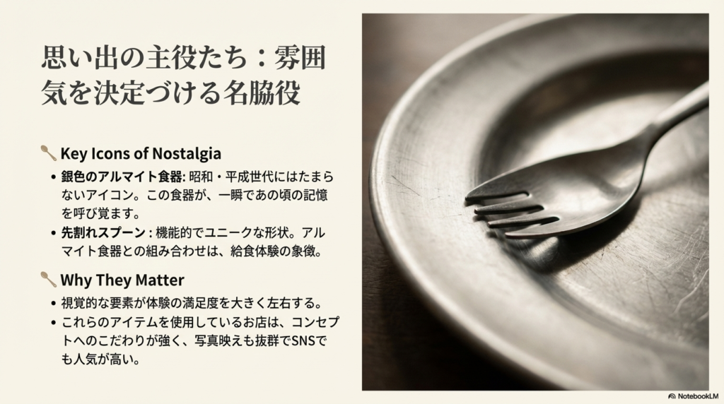 銀色のアルマイト食器と先割れスプーンが、給食体験において視覚的に重要であることを説明するスライド。