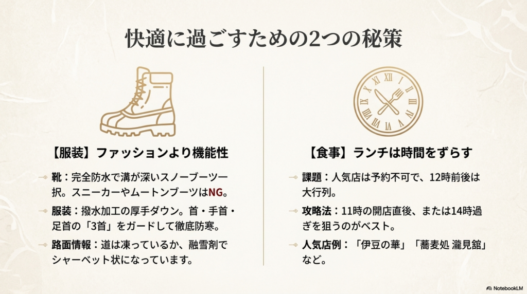 スノーブーツと厚手ダウンでの防寒対策、およびランチの混雑ピーク（12時前後）を避けるための時計のイラスト。