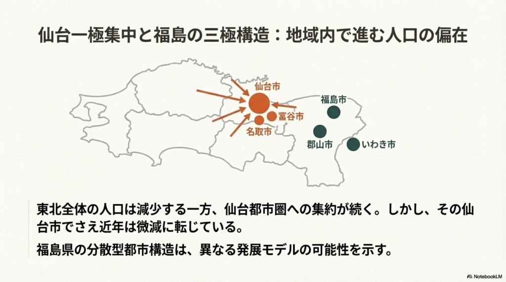 仙台都市圏への人口集約と、福島・郡山・いわきの三極構造を持つ福島県の都市配置を示した東北地方のマップ図。