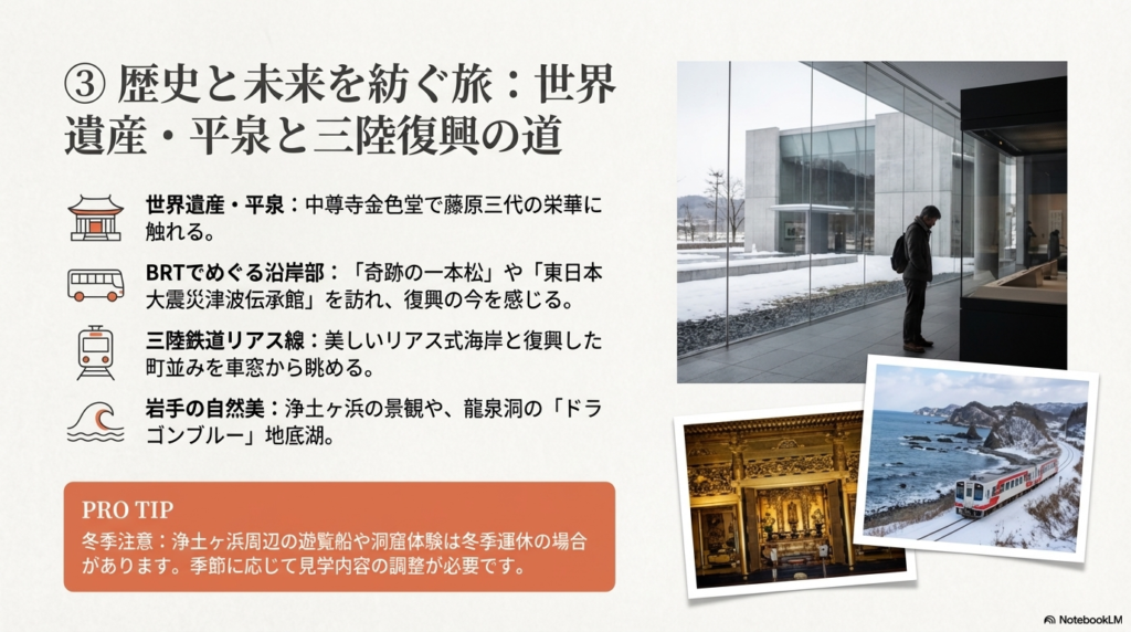 世界遺産の中尊寺金色堂を訪れ、BRTと三陸鉄道リアス線を乗り継いで震災復興とリアス式海岸の絶景を巡る、一人旅向けルートマップ。