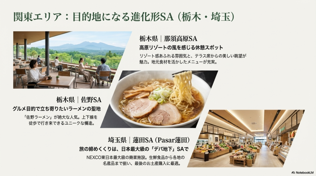 那須高原SAのテラス席からの眺望と、佐野ラーメンの箸上げ写真、リゾート感のあるSA内観。