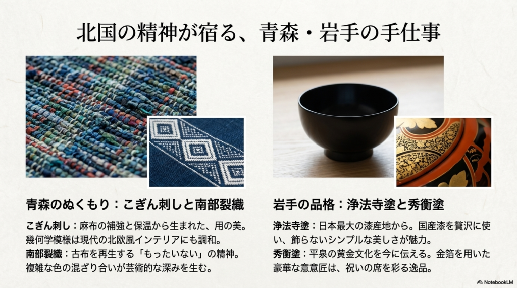 青森の「こぎん刺し」「南部裂織」と、岩手の「浄法寺塗」「秀衡塗」の特徴を、美しい漆器の写真とともに紹介するスライド。
