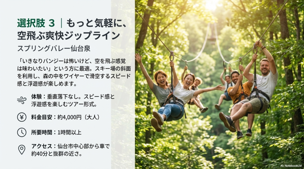 スプリングバレー仙台泉のジップラインアドベンチャーの紹介。スピード感と浮遊感が特徴で、料金は約4,000円、仙台中心部から車で約40分と紹介するスライド。