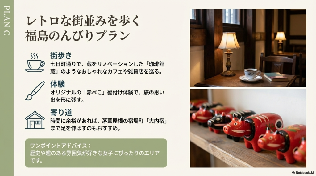 福島・会津若松プランの紹介。七日町通りの蔵カフェ巡り、赤べこ絵付け、大内宿への寄り道などを提案。