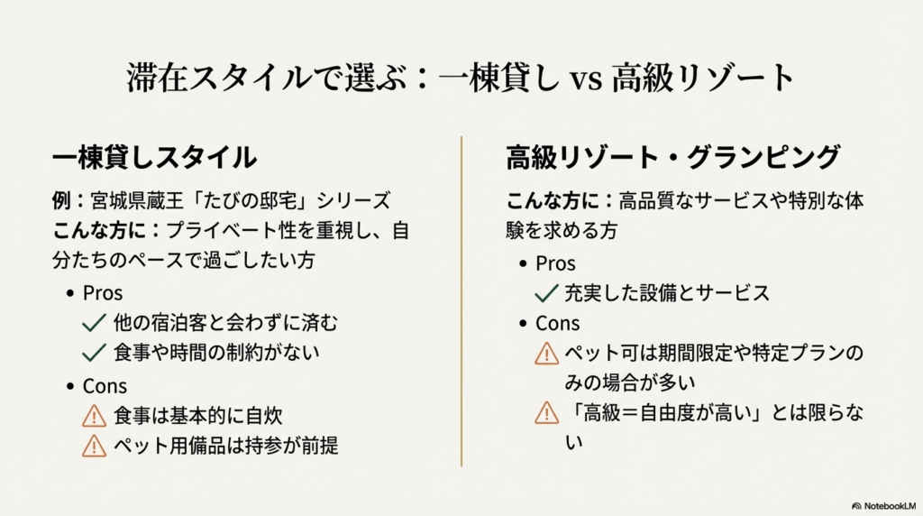 宮城県「たびの邸宅」などの一棟貸しスタイルと、高級リゾートのメリット・デメリットを比較したスライド。