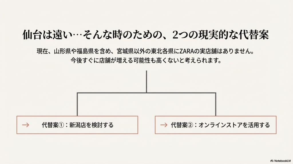 宮城県以外の東北各県に店舗がない現状を踏まえ、新潟店への訪問またはオンラインストアの活用という2つの代替案を提示するスライド。