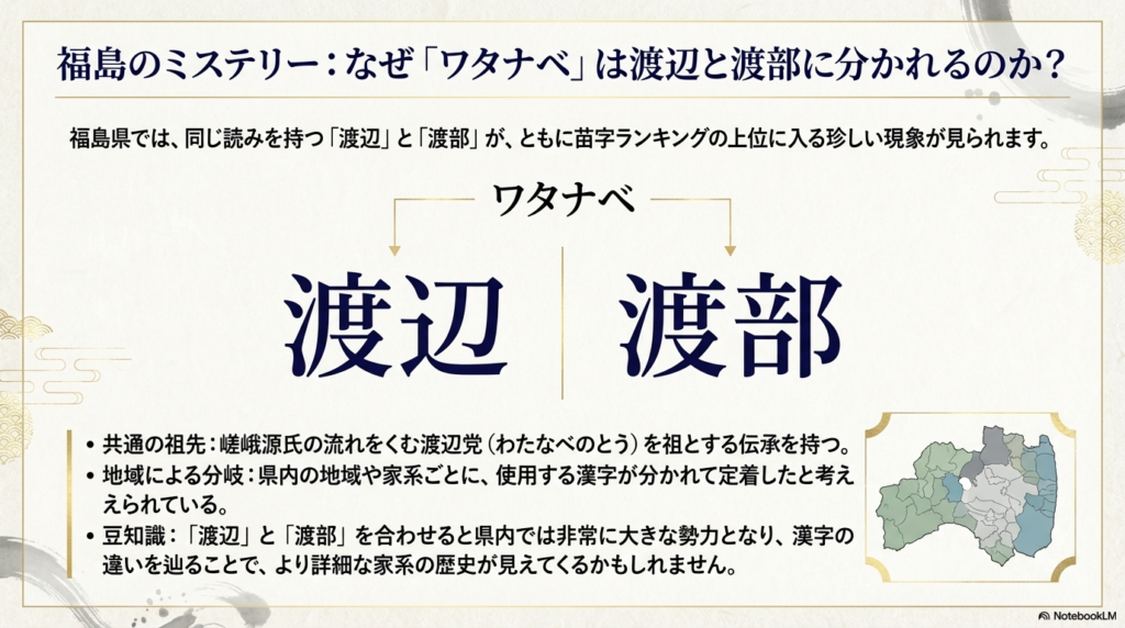 嵯峨源氏の流れを汲む渡辺党を祖としながらも、福島県内で「渡辺」と「渡部」の二つの漢字に分かれて定着した背景を説明するスライド。