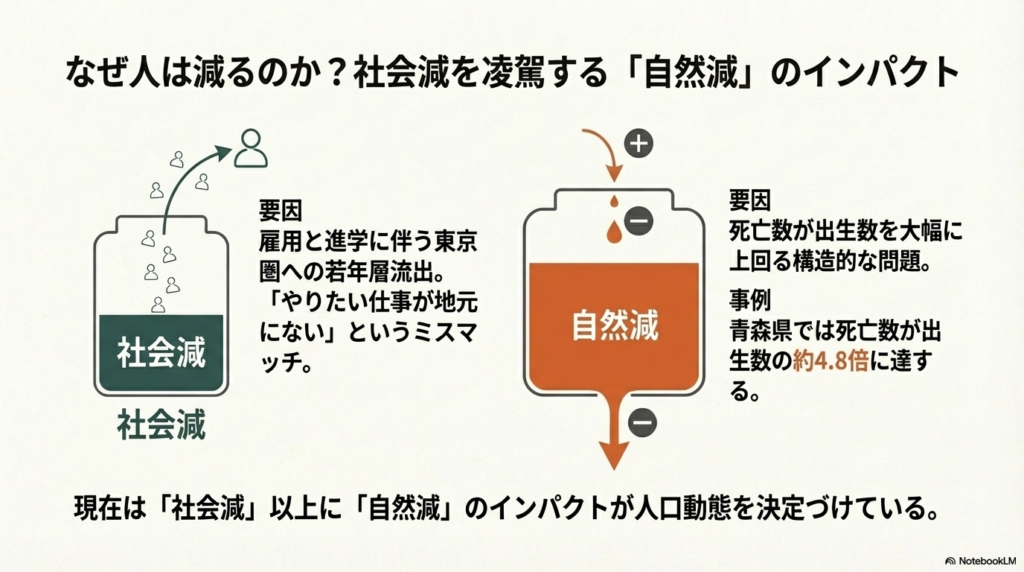 若者の流出(社会減)以上に、死亡数が出生数を大幅に上回る「自然減」が深刻であること、特に青森県では死亡数が出生数の約4.8倍であることを示す図。