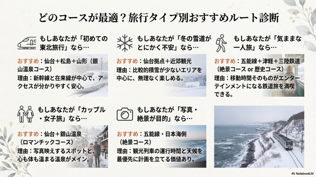 初めての東北旅行、雪道が不安、一人旅、写真撮影など、旅の目的やスタイルに合わせて最適な3泊4日の周遊ルートが分かる分類チャート。