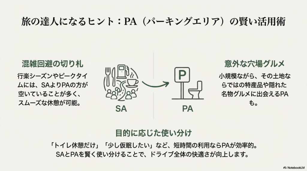 食事、給油、休憩のアイコンイラスト。SAとPAを使い分けるメリットや混雑回避のポイントについての解説。