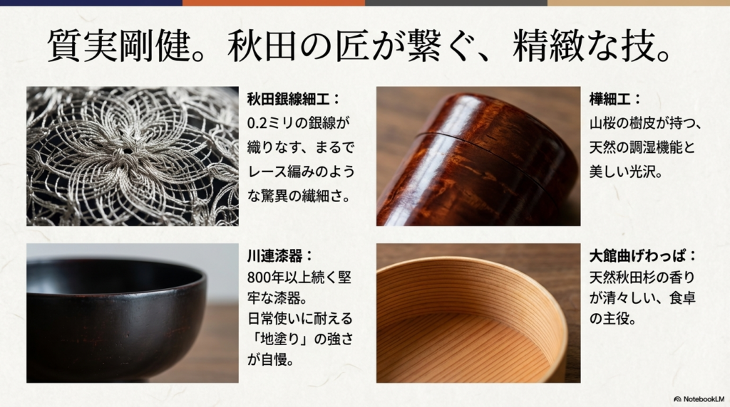 秋田銀線細工、樺細工、川連漆器、大館曲げわっぱの写真と、それぞれの繊細な技術や堅牢さについて解説したスライド。