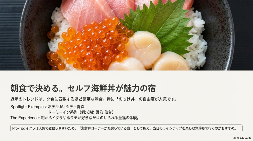 好きなだけ具材を乗せられる海鮮丼の体験と、ホテルJALシティ青森やドーミーイン系列を紹介するスライド。