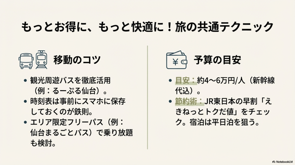 周遊バスやフリーパスの活用、スマホでの時刻表確認、予算目安（4〜6万円）と節約術（えきねっとトクだ値）のまとめ。