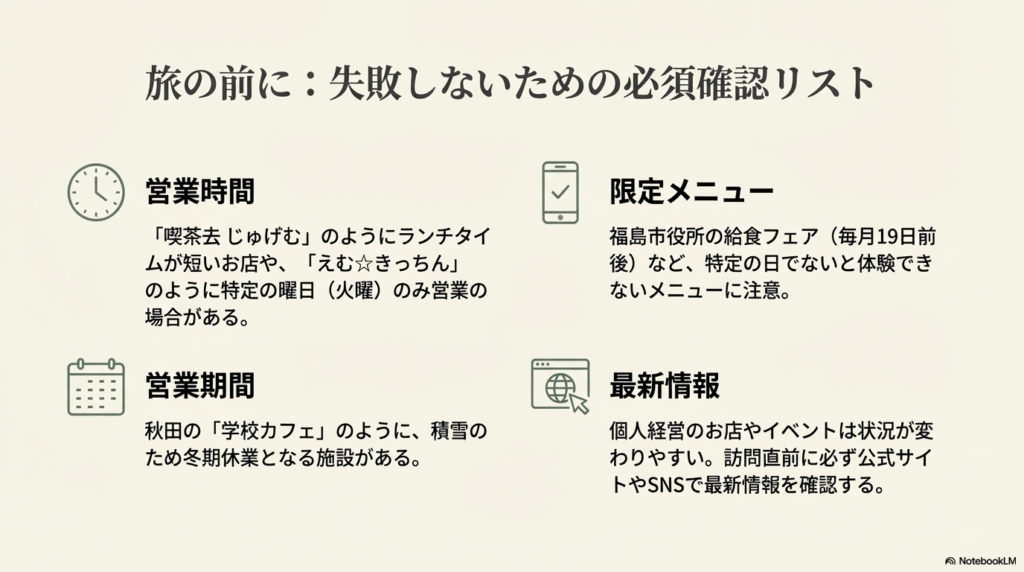 営業時間、営業期間（冬季休業など）、限定メニュー、最新情報の確認など、訪問前に注意すべきポイントをまとめたリスト。