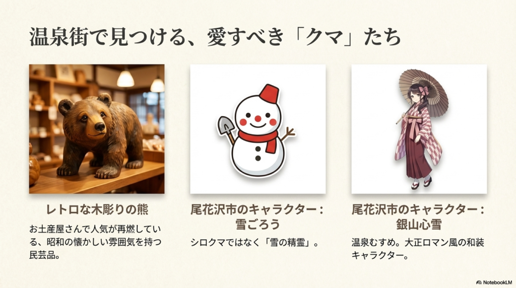 「安全第一」と「文化探訪」の2軸で構成されたチェックリスト。出没情報の確認、装備の準備、しろがね湯の営業時間確認などの項目が並んだスライド。