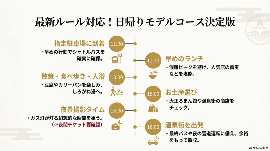 11:00の駐車場到着から、ランチ、散策、16:30の夜景撮影、18:00の出発までを時系列でまとめたスケジュール表。