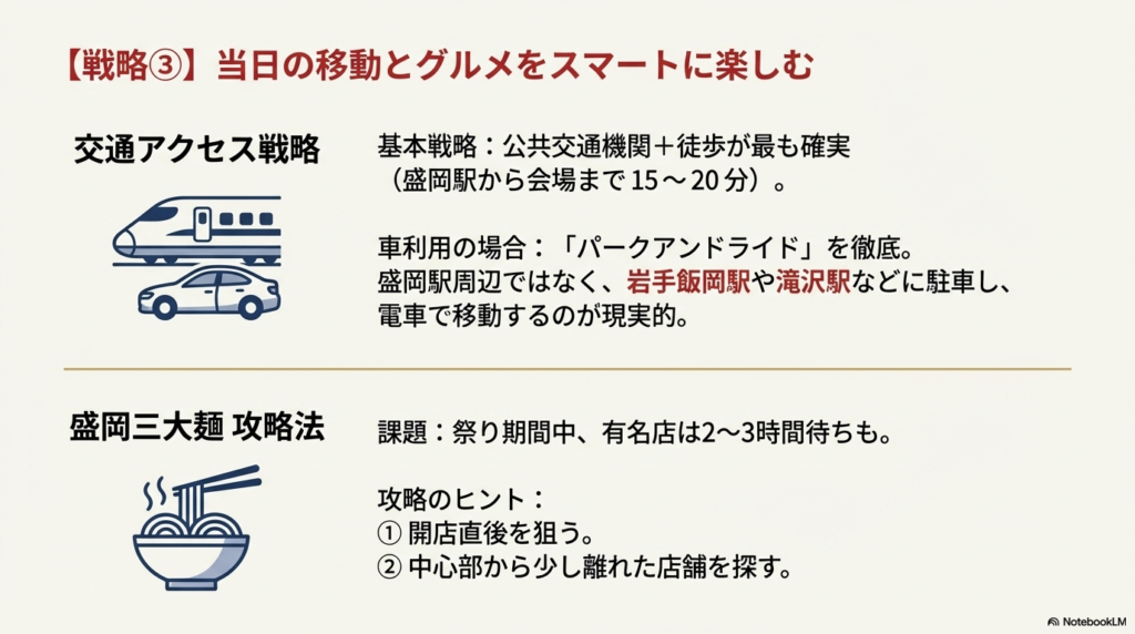 公共交通機関とパークアンドライドの活用法、および盛岡三大麺の混雑回避ポイント