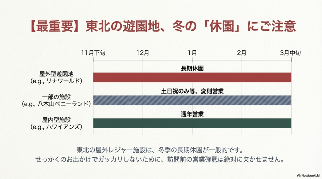 屋外型遊園地（11月下旬〜3月中旬は長期休園）、一部施設（土日祝のみ営業）、屋内型施設（通年営業）の営業傾向をまとめたスケジュール表。
