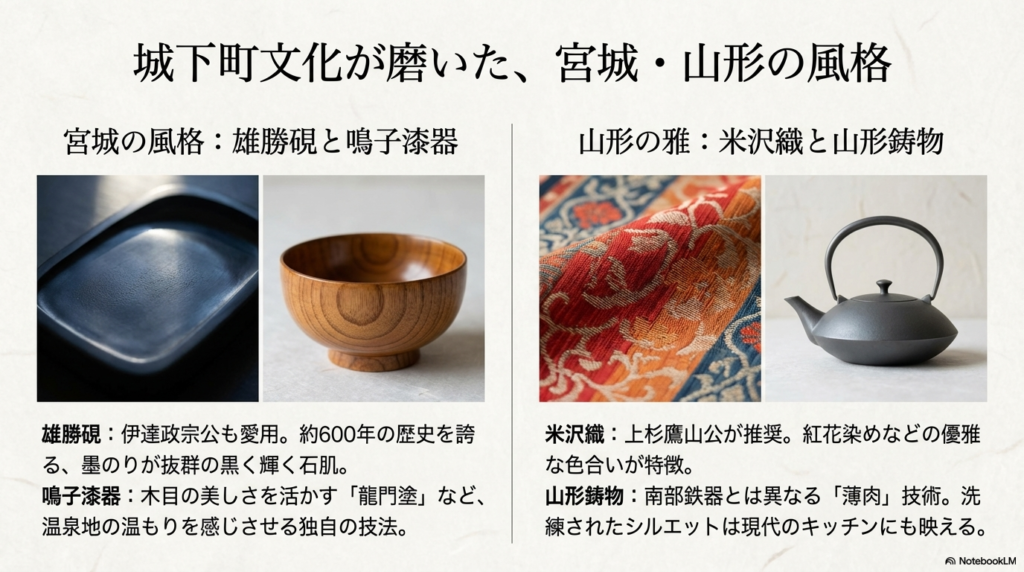 宮城の雄勝硯と鳴子漆器、山形の米沢織と山形鋳物の特徴を、鉄瓶や織物の写真とともに紹介するスライド。