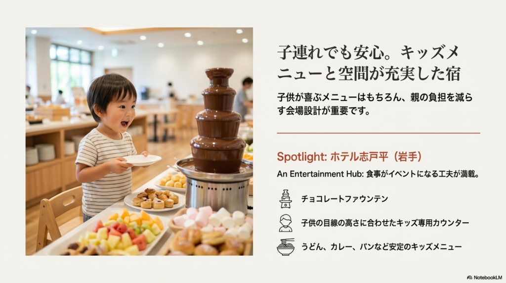 チョコレートファウンテンやキッズ専用カウンターなど、子供の目線に合わせた工夫を紹介し、ホテル志戸平を例に挙げたスライド。