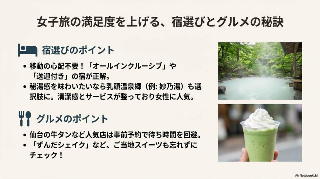乳頭温泉郷の紹介、送迎付き宿の推奨、牛タンの予約、ずんだシェイクなどご当地スイーツのチェックポイント。