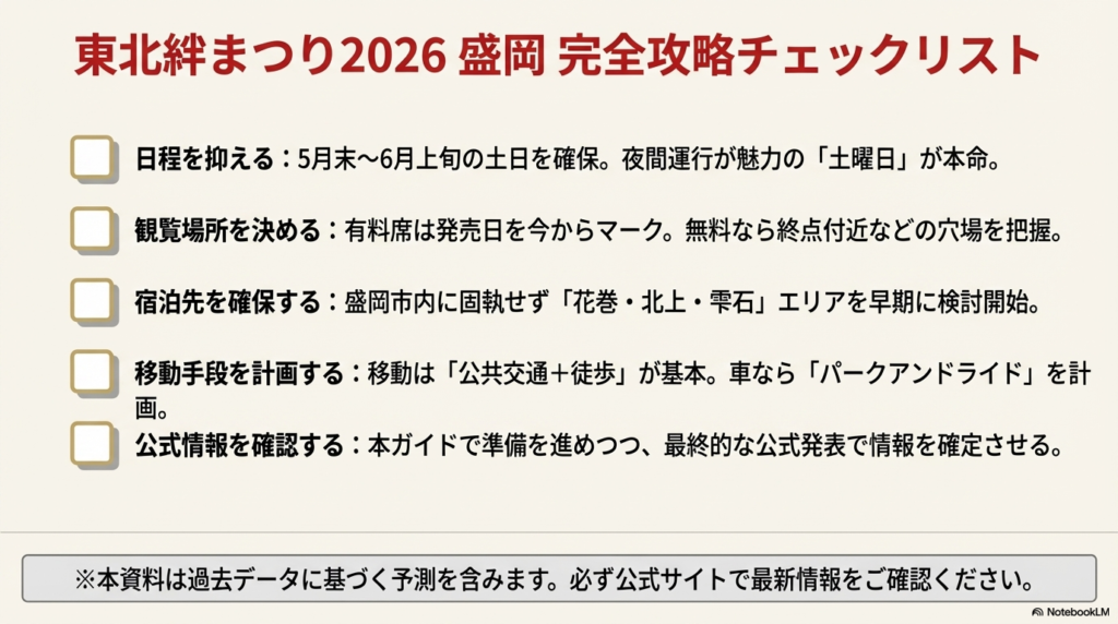 日程、観覧場所、宿泊、移動手段の確保に関する完全攻略チェックリストまとめ