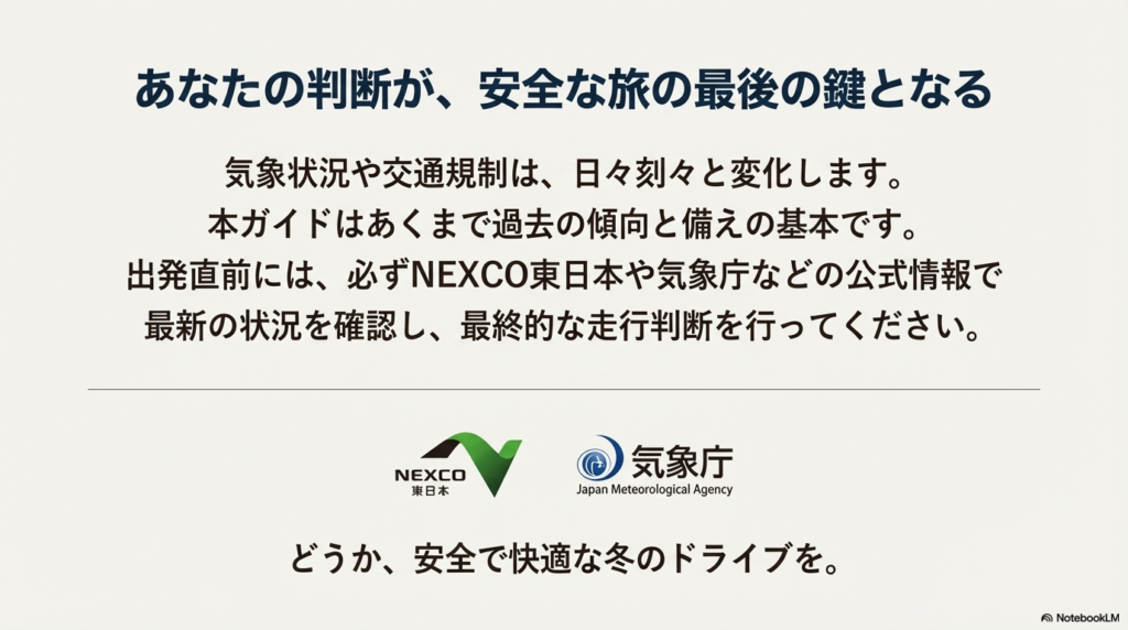 最終的な判断はNEXCO東日本や気象庁の公式情報を確認するように促す、安全運転へのメッセージ。