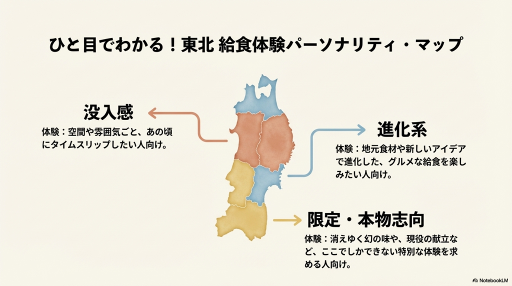 「没入感」「進化系」「限定・本物志向」の3つのタイプ別に、自分に合った給食体験を選べるマップ。