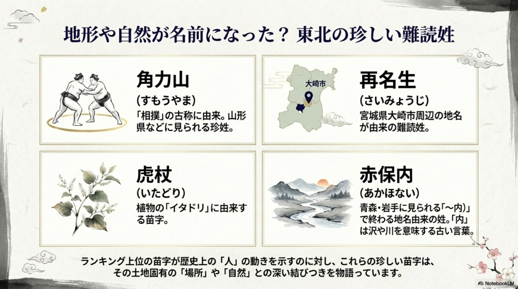 山形県の「角力山（すもうやま）」、宮城県の「再名生（さいみょうじ）」、植物由来の「虎杖（いたどり）」、青森・岩手の「赤保内（あかほない）」など、土地固有の結びつきを示す苗字を紹介するスライド。