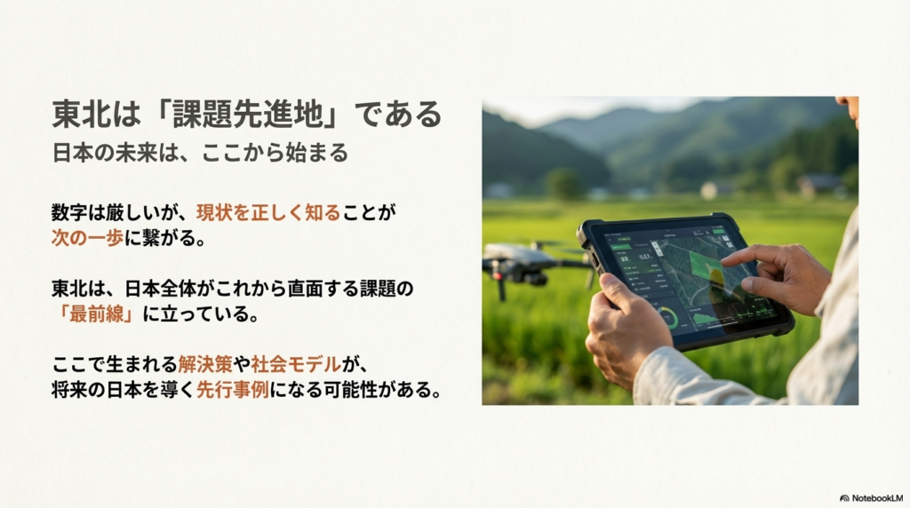 タブレットでスマート農業を行う様子を背景に、東北の解決策が将来の日本の先行事例になる可能性を記したイメージ画像。