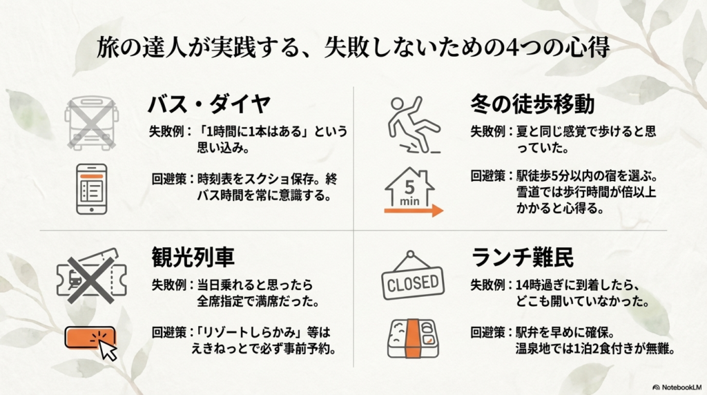 バスの本数確認不足、冬の徒歩移動の困難さ、指定席の予約忘れ、ランチ難民など、車なし旅行で陥りやすい4つの失敗例とその具体的な回避策まとめ。