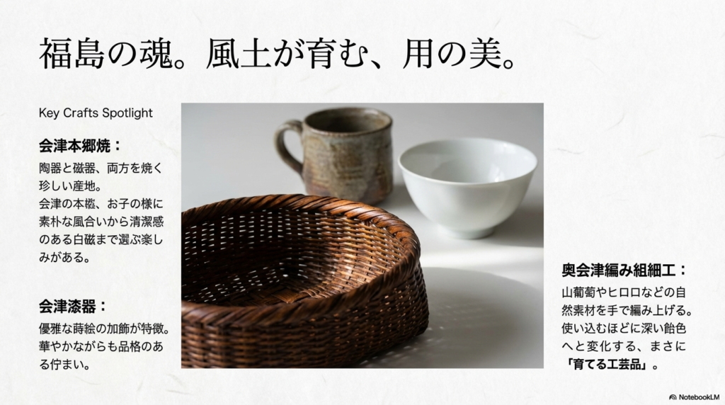 福島の会津本郷焼、会津漆器、奥会津編み組細工について、編みかごや陶磁器の写真とともに解説したスライド。