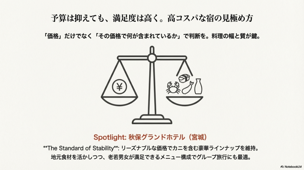 「価格」と「内容」のバランスを重視し、宮城の秋保グランドホテルをコスパの指標として紹介するスライド。