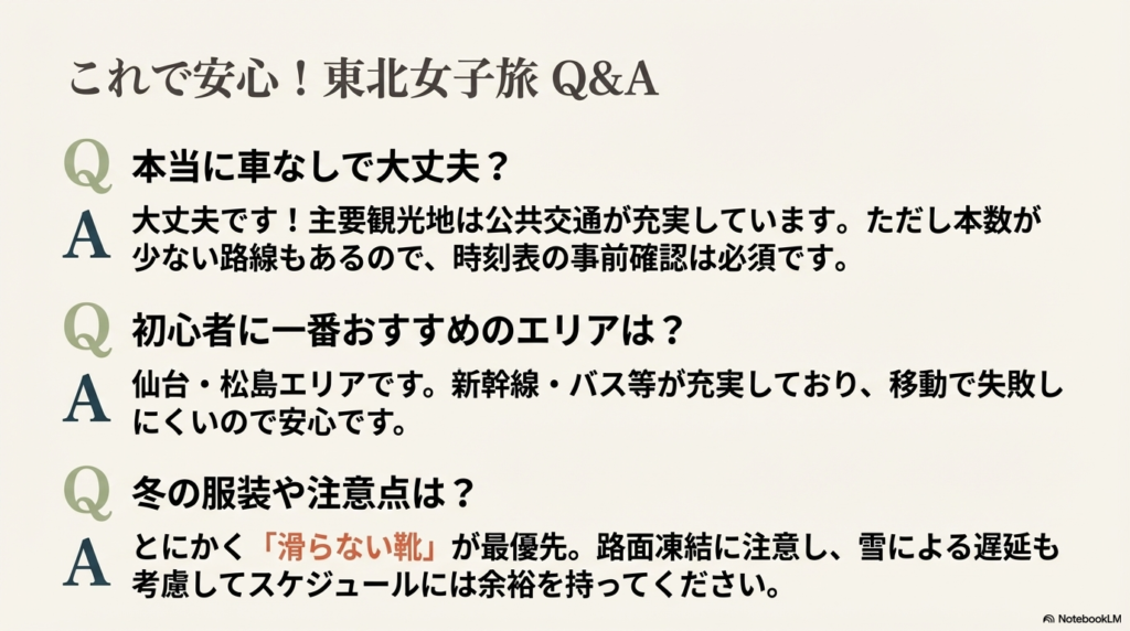 「車なしで大丈夫？」「初心者のエリアは？」「冬の服装は？」という3つの質問に回答するQ&Aスライド。