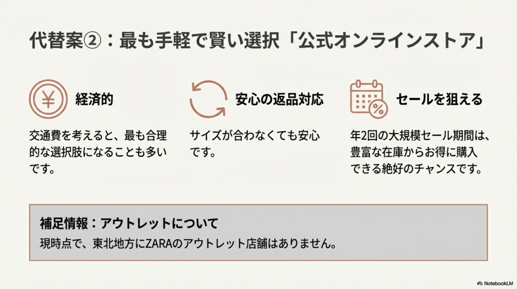 オンラインストアは返品対応やセール活用で経済的であること、また、現時点で東北地方にZARAのアウトレット店舗は存在しないことを説明するスライド。
