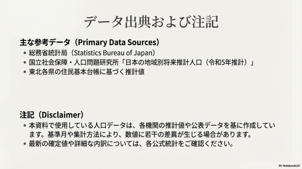 総務省統計局や国立社会保障・人口問題研究所などの主な参考データソースと、統計に関する注記をまとめたスライド。