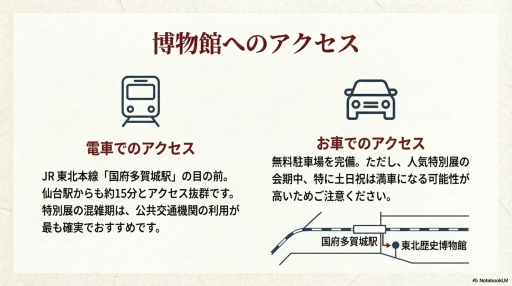 JR国府多賀城駅と東北歴史博物館の位置関係を示した地図。電車でのアクセスが推奨されていることや駐車場の注意点。