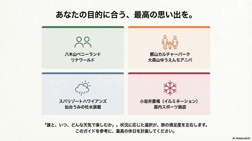 記事に登場した各施設を目的別に総括し、「誰と、いつ、どんな天気で楽しむか」という状況に応じた選択を推奨するまとめスライド。