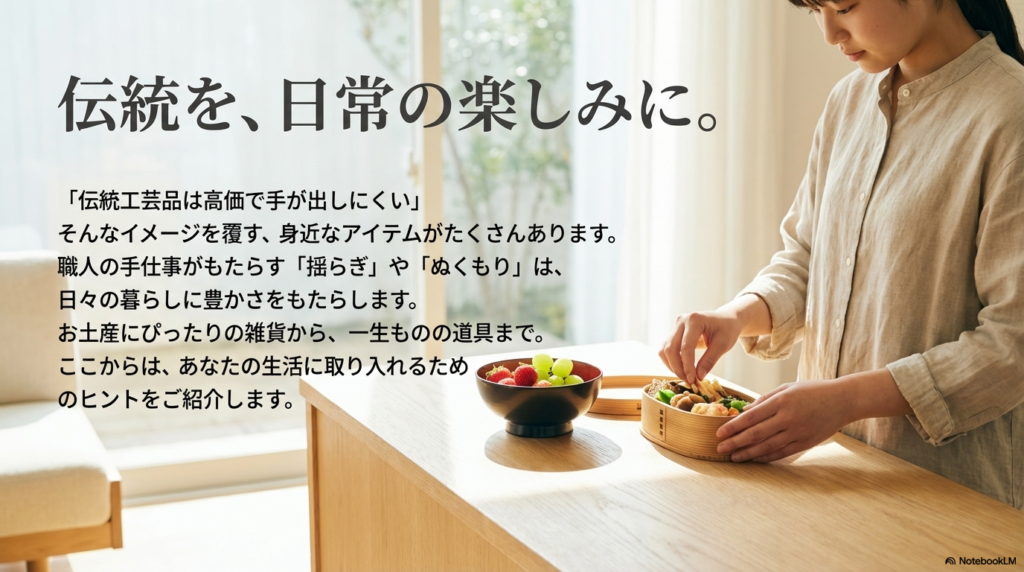 伝統工芸品を身近なアイテムとして生活に取り入れるためのヒントを提案する導入スライド。