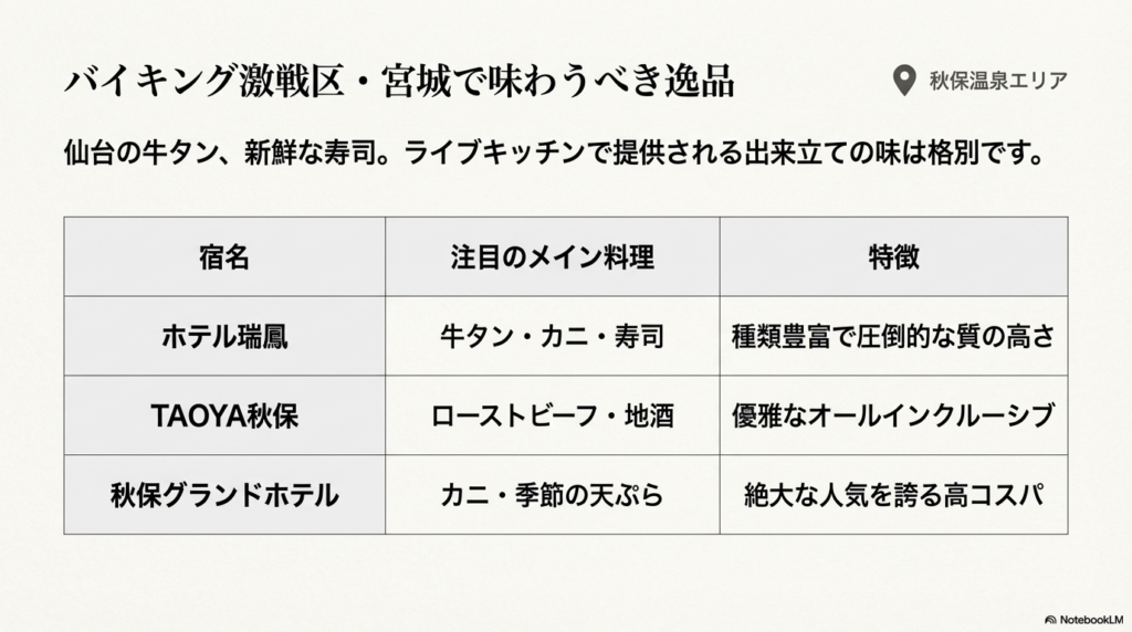 ホテル瑞鳳、TAOYA秋保、秋保グランドホテルのメイン料理と特徴を比較したスライド。