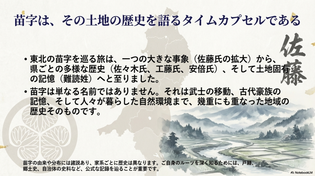本記事のまとめとして、苗字が武士の移動や自然環境、古代の記憶を現代に伝えるものであること、そして自身のルーツを知るための公的な記録の重要性を説いた最終スライド。
