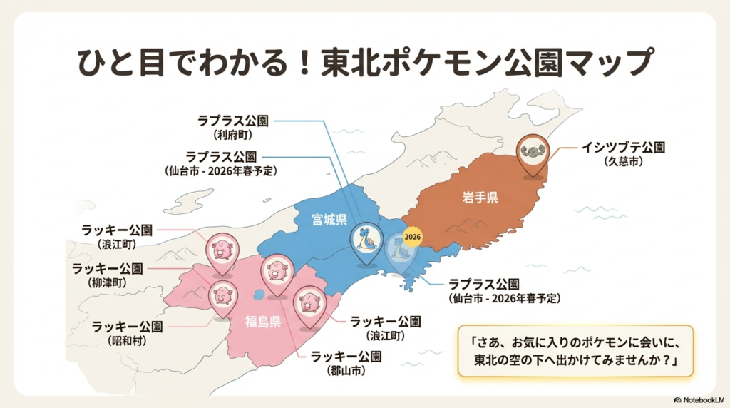 福島県のラッキー公園（浪江町、柳津町、昭和村、郡山市）、宮城県のラプラス公園（利府町、仙台市）、岩手県のイシツブテ公園（久慈市）の位置を示した東北地方のマップ。