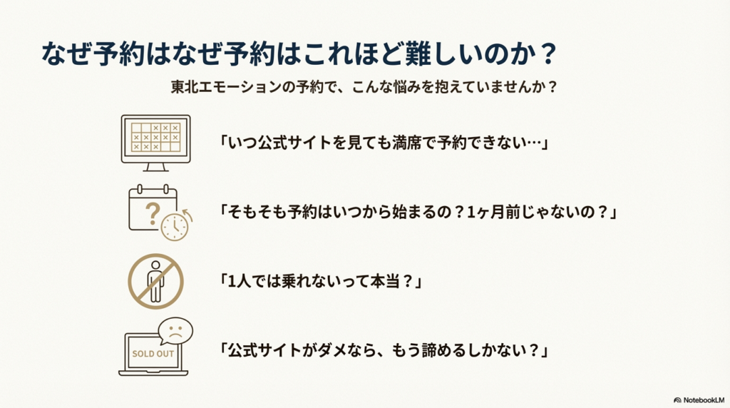 「いつ見ても満席」「予約開始日がわからない」「1人では乗れない?」など、予約に関する共通の悩みをまとめたイラスト。