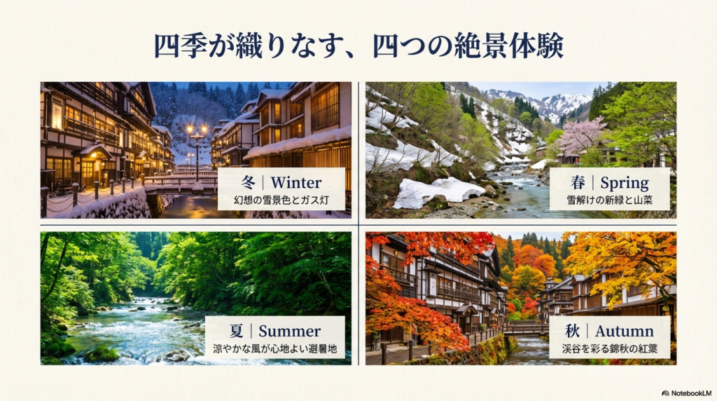 冬の雪景色、春の新緑、夏の避暑地、秋の紅葉と、銀山温泉の四季ごとの魅力を一覧で紹介する概要スライド。